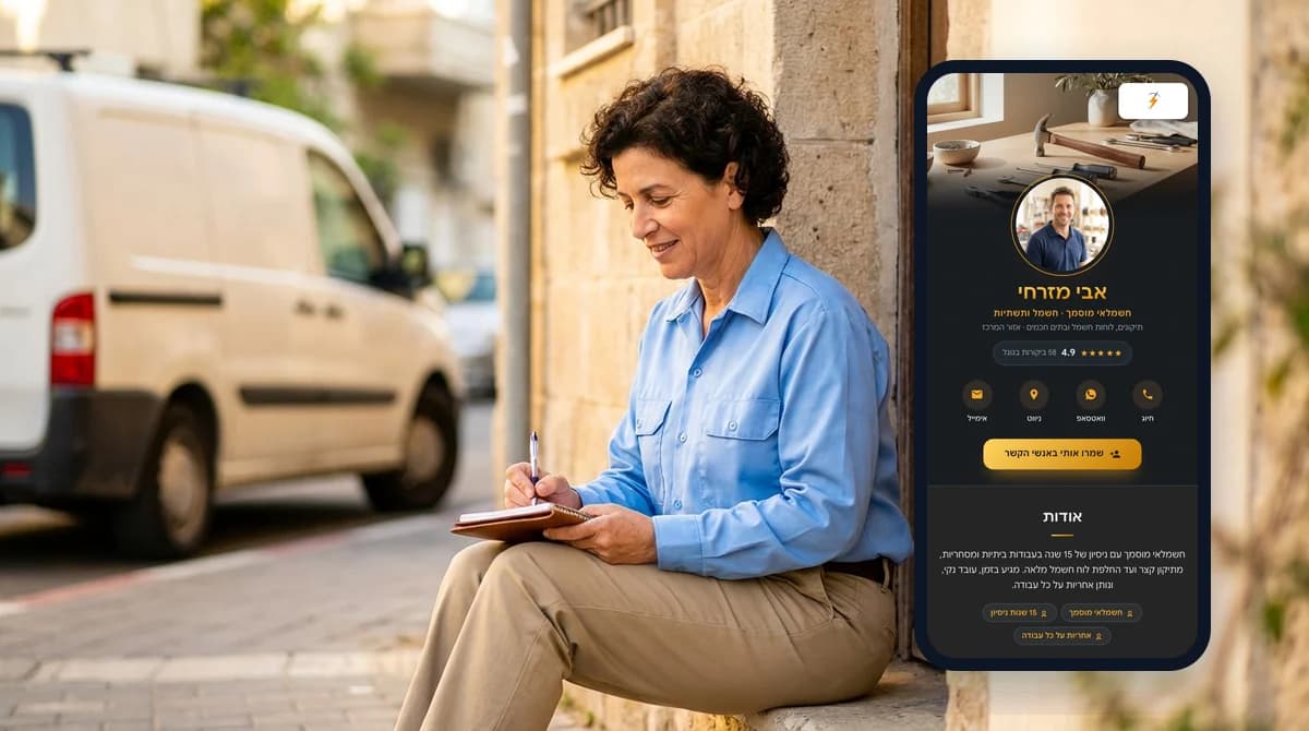 A tradeswoman sitting on a doorstep writing in a notepad beside a work van, with a digital business card open on a phone beside her