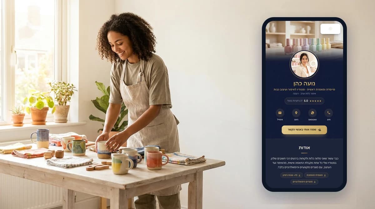 A creative business owner arranging handmade products on a table in a sunlit studio, with a digital business card open on a phone beside her