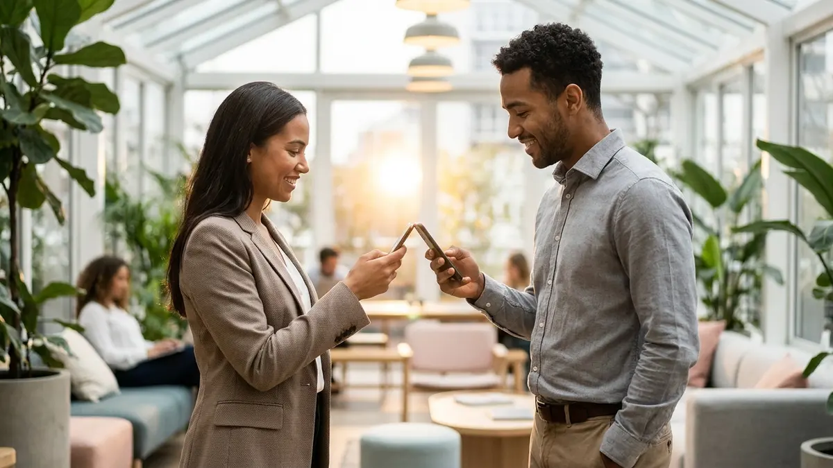 Two professionals exchanging contact details phone-to-phone in a modern workspace