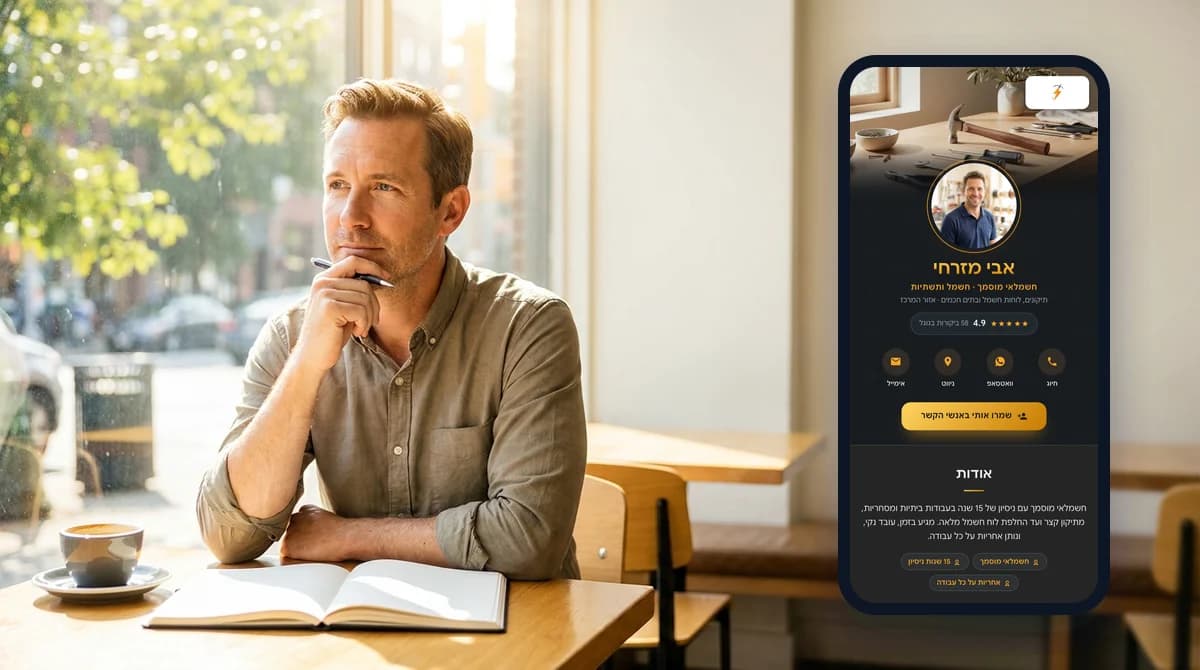 A small business owner sitting at a bright cafe table with a notebook, thinking, with a digital business card open on a phone beside him