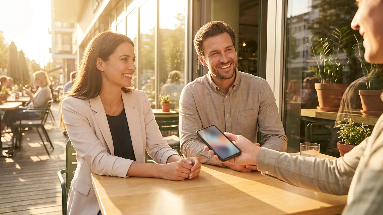 Two professionals sharing a digital card on a phone