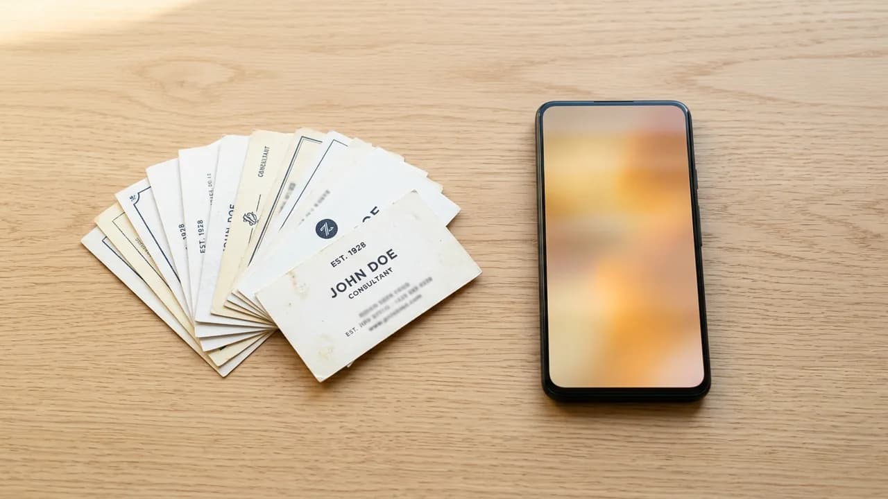 Old printed business cards beside a phone showing a digital card