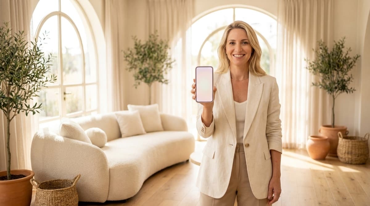 Interior designer presenting a digital portfolio on a phone in a bright designed living room