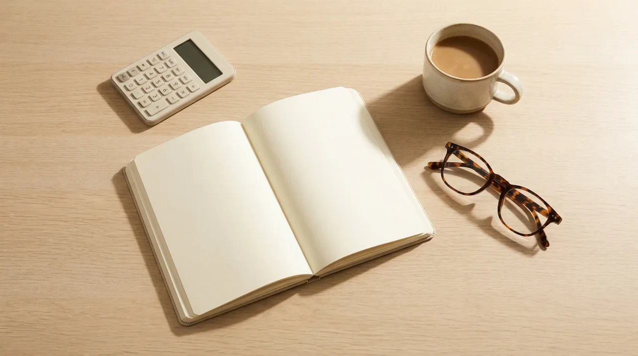 A budgeting desk with a notebook, calculator and coffee