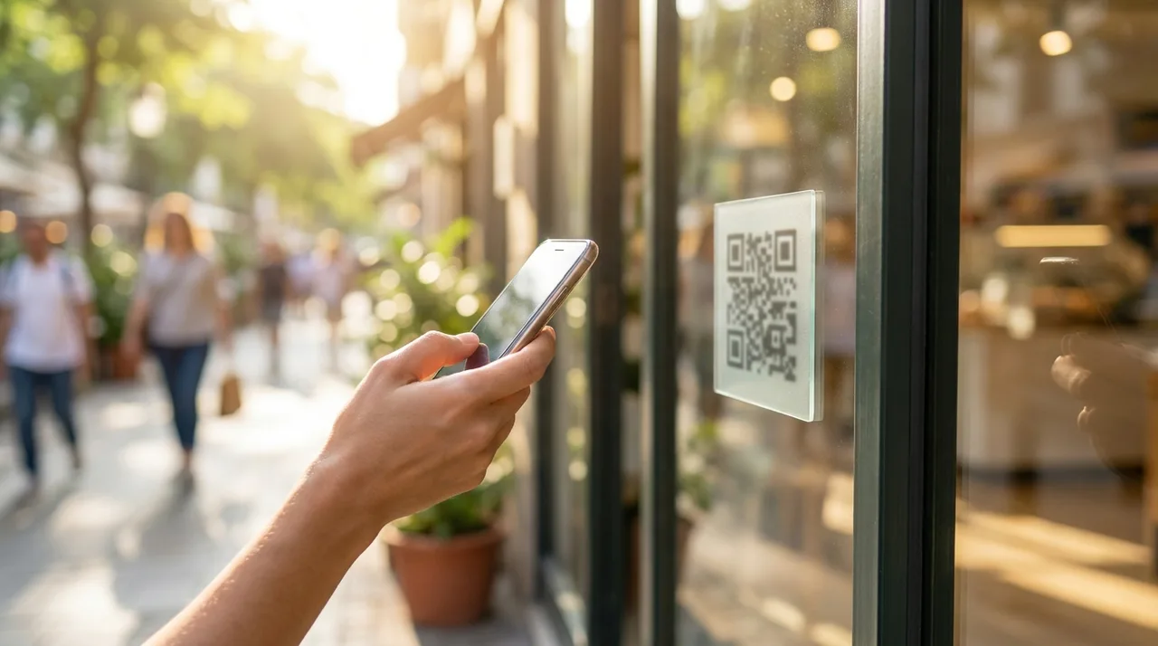 לקוחה סורקת קוד QR על דלת זכוכית של חנות