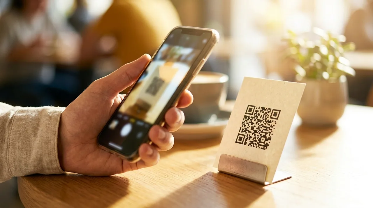 סריקת קוד QR ממעמד שולחני בבית קפה
