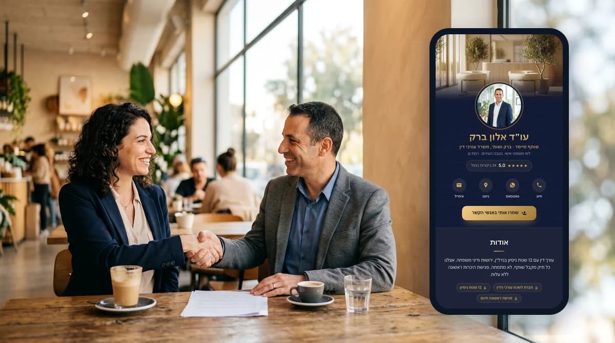 Two professionals shaking hands at the end of a meeting in a cafe, with a digital business card open on a phone beside them