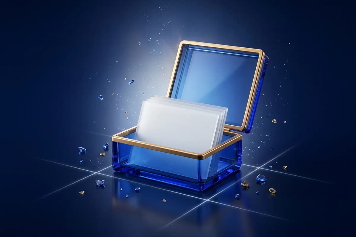 An open blue glass gift box holding a stack of finished cards
