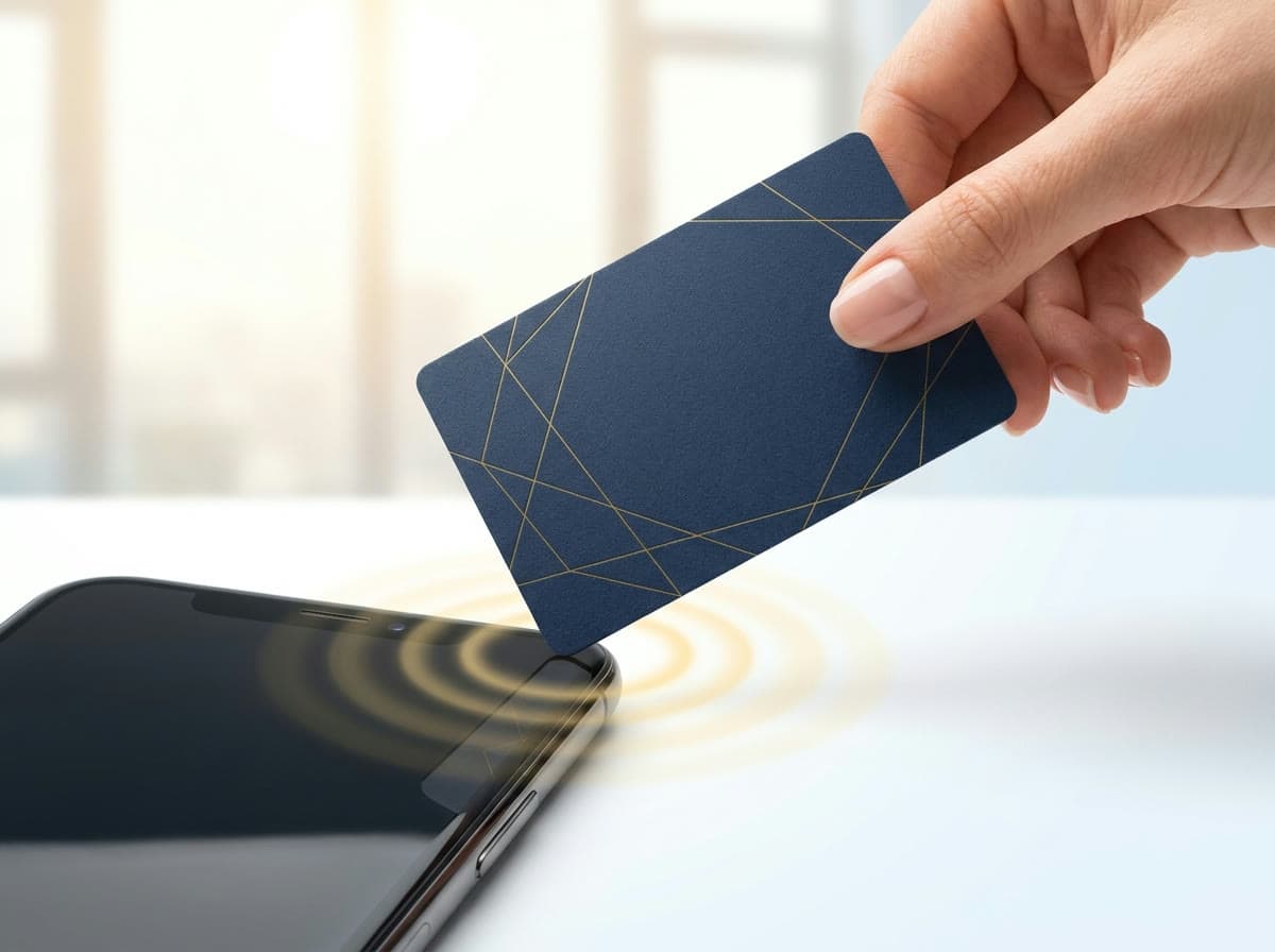 A custom-designed navy NFC card tapped against a smartphone
